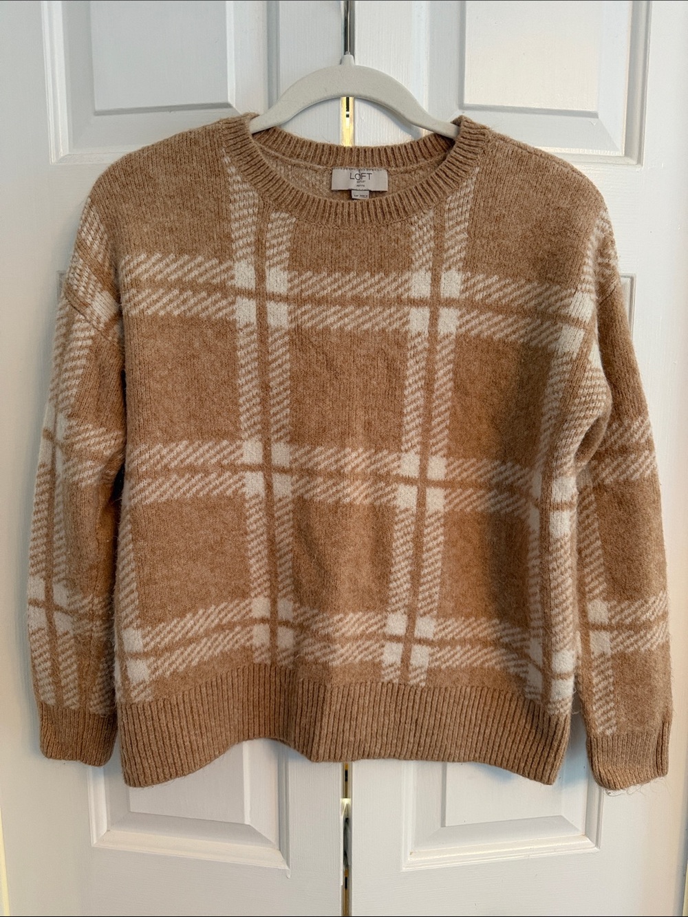LOFT Camel & Cream Plaid Crew Sweater